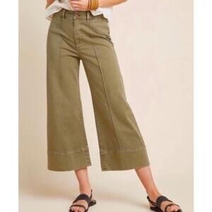 CHNO by Anthropologie Cropped Wide Leg Pants Olive Green Size 8 Boho Hippie